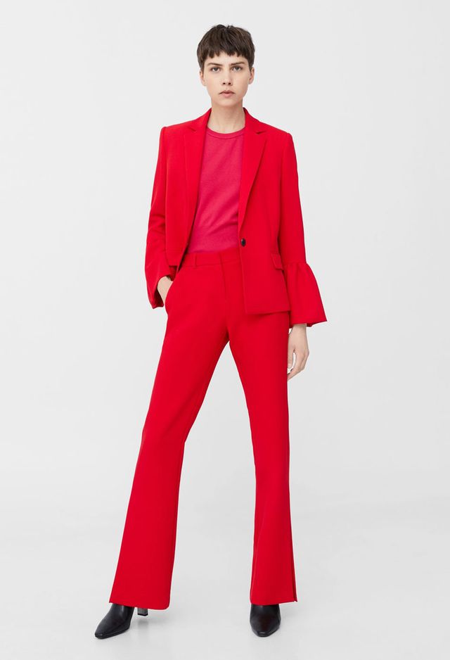 Clothing, Suit, Formal wear, Red, Standing, Pantsuit, Outerwear, Blazer, Tuxedo, Trousers, 