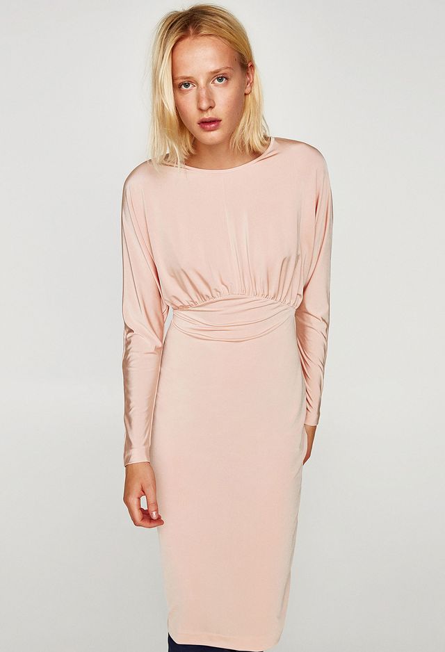 Clothing, Dress, Shoulder, Day dress, Sleeve, Neck, Cocktail dress, Fashion model, Pink, Beige, 