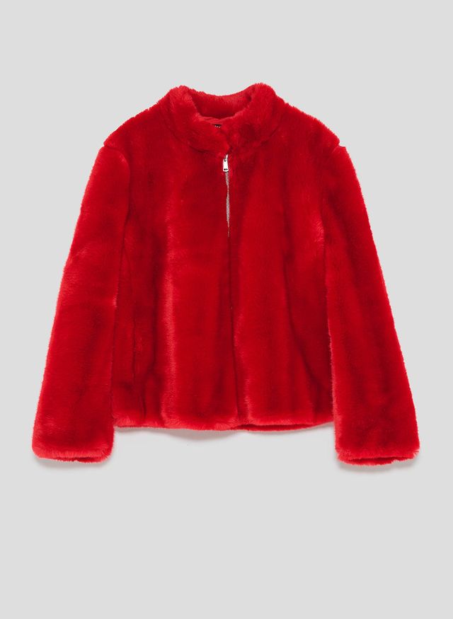 Clothing, Outerwear, Fur, Red, Sleeve, Fur clothing, Textile, Jacket, Coat, 