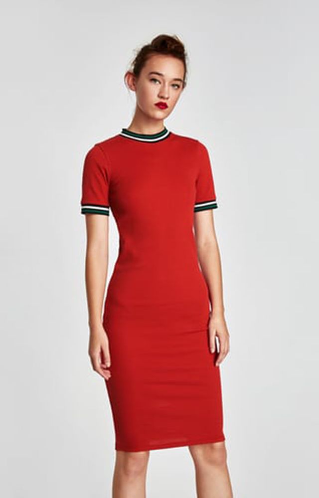 Clothing, Dress, Fashion model, Red, Shoulder, Sleeve, Neck, Cocktail dress, Sheath dress, Day dress, 