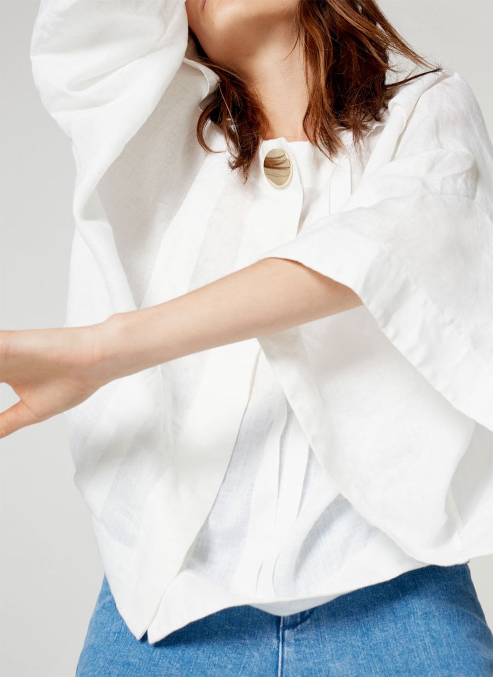 White, Clothing, Shoulder, Arm, Neck, Blouse, Joint, Sleeve, Photo shoot, Top, 