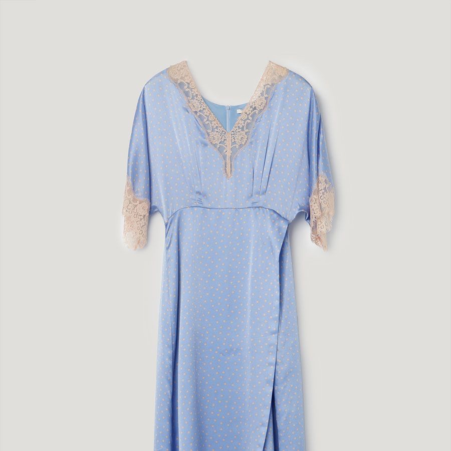Clothing, Blue, Day dress, Dress, Sleeve, Nightwear, Nightgown, Robe, Lace, One-piece garment, 