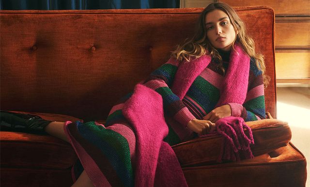 Pink, Magenta, Fashion, Outerwear, Leg, Sitting, Textile, Knitting, Wool, Couch, 