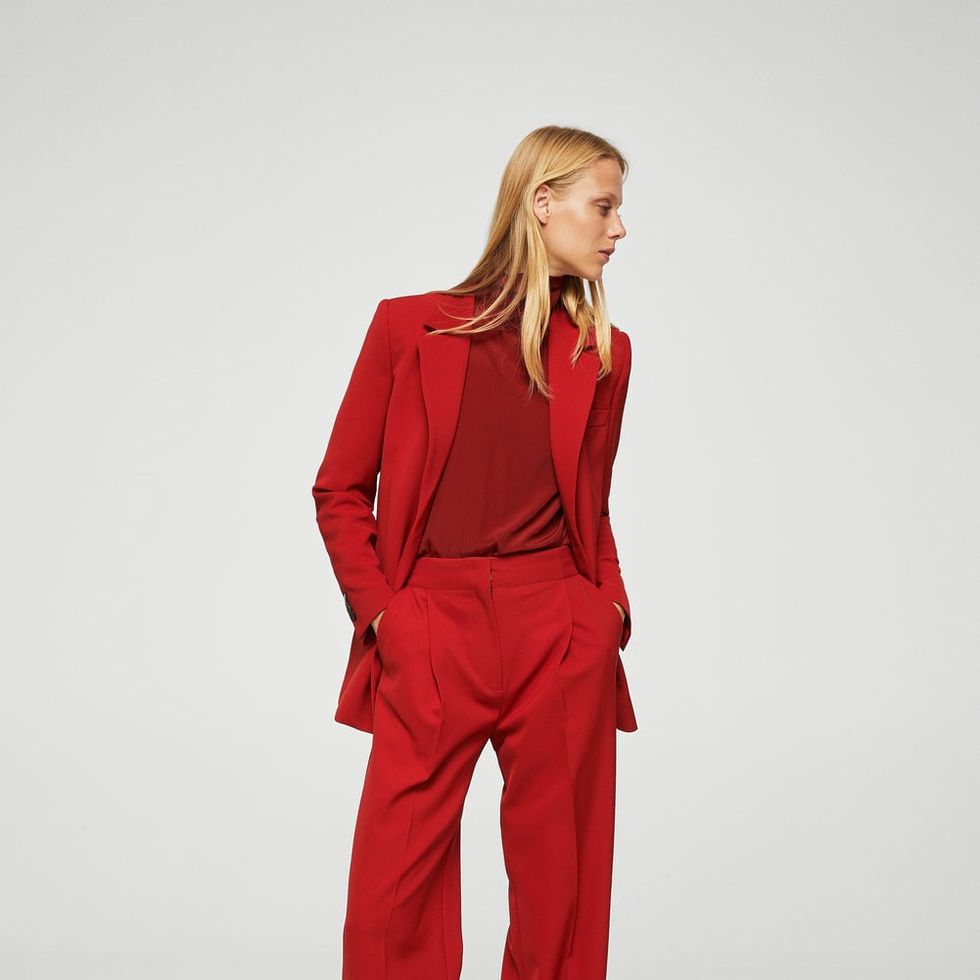 Clothing, Red, Standing, Fashion model, Suit, Pajamas, Pantsuit, Formal wear, Waist, Trousers, 