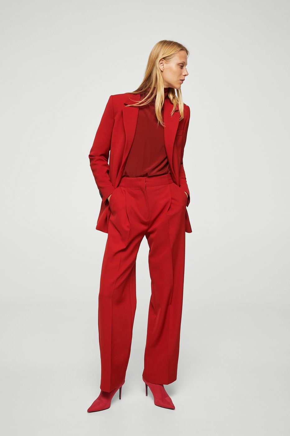Clothing, Red, Standing, Fashion model, Suit, Pajamas, Pantsuit, Formal wear, Waist, Trousers, 