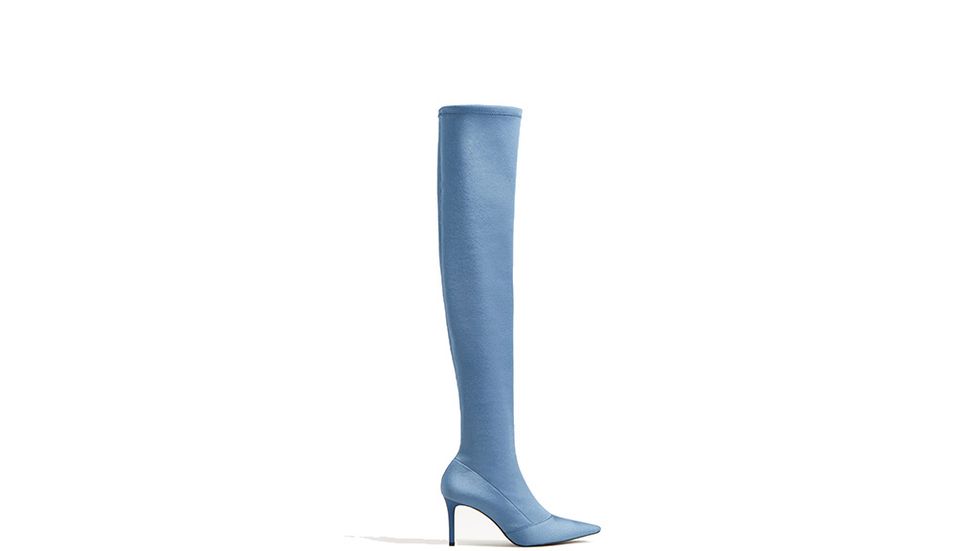 Boot, Electric blue, Knee-high boot, Musical instrument accessory, Cylinder, Leather, Foot, Rain boot, Riding boot, 