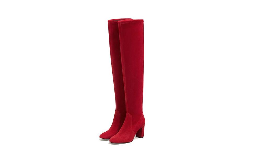 Boot, Red, Costume accessory, Carmine, Maroon, Knee-high boot, Rain boot, Velvet, 