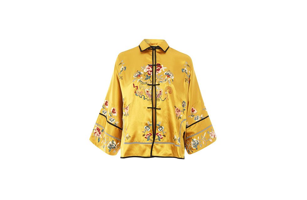 Clothing, Yellow, Outerwear, Sleeve, Collar, Blouse, Jacket, Costume, Vestment, Button, 