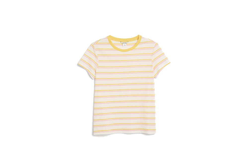 Clothing, T-shirt, White, Yellow, Product, Sleeve, Beige, Top, Font, Collar, 