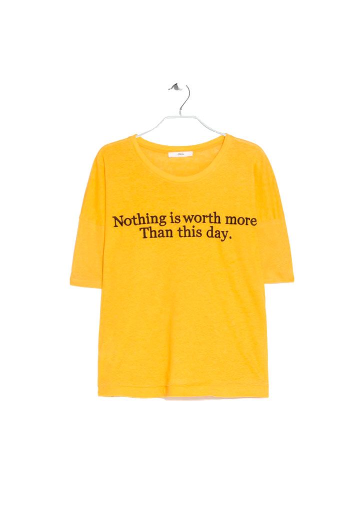 Product, Yellow, Sleeve, Shirt, Text, Sportswear, T-shirt, Orange, Amber, Font, 