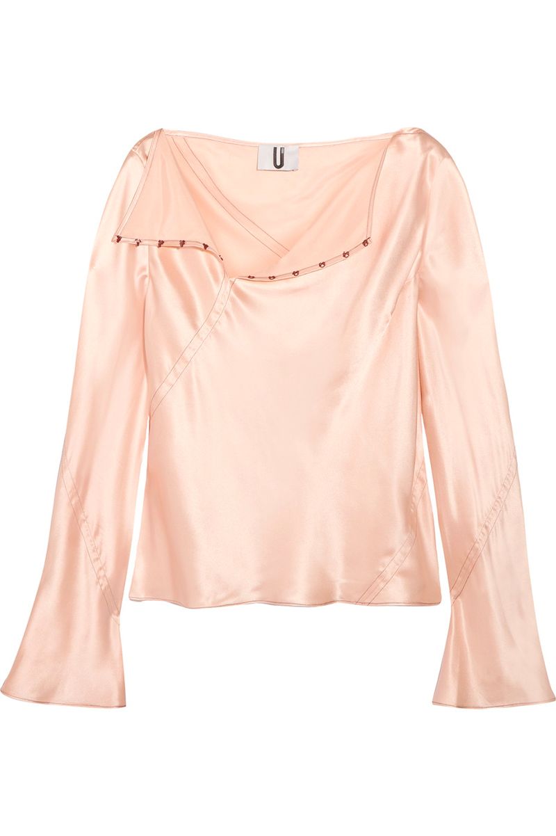 Clothing, Pink, Sleeve, Peach, Blouse, Neck, Outerwear, Shoulder, Top, Crop top, 