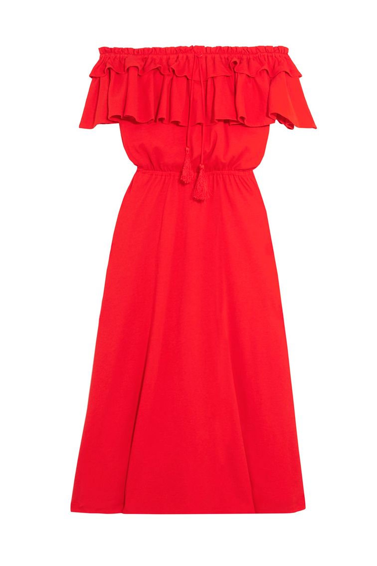 Clothing, Red, Dress, Shoulder, Day dress, Joint, Sleeve, Textile, Cocktail dress, Ruffle, 