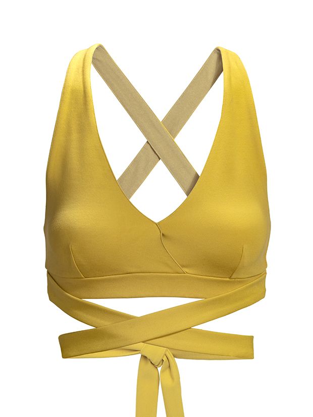 Yellow, Clothing, Undergarment, Undergarment, Satin, Neck, Brassiere, Fashion accessory, Crop top, Swimsuit top, 