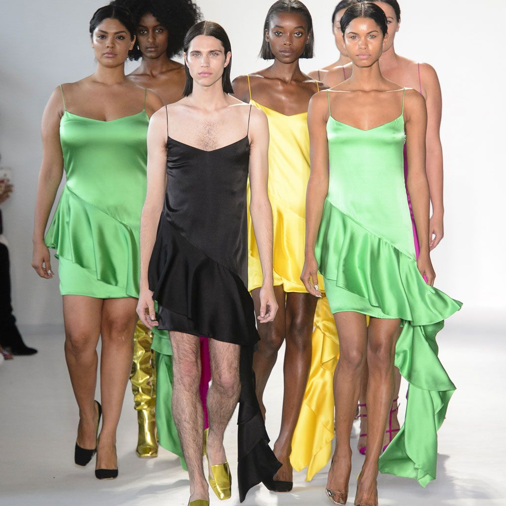 Fashion model, Clothing, Fashion, Dress, Shoulder, Cocktail dress, Green, Fashion show, Yellow, Fashion design, 