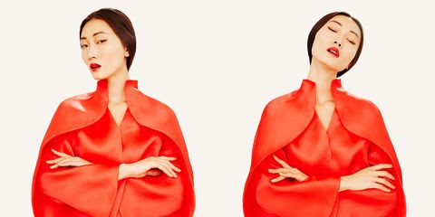 Lip, Sleeve, Chin, Forehead, Shoulder, Red, Standing, Joint, Orange, Style, 