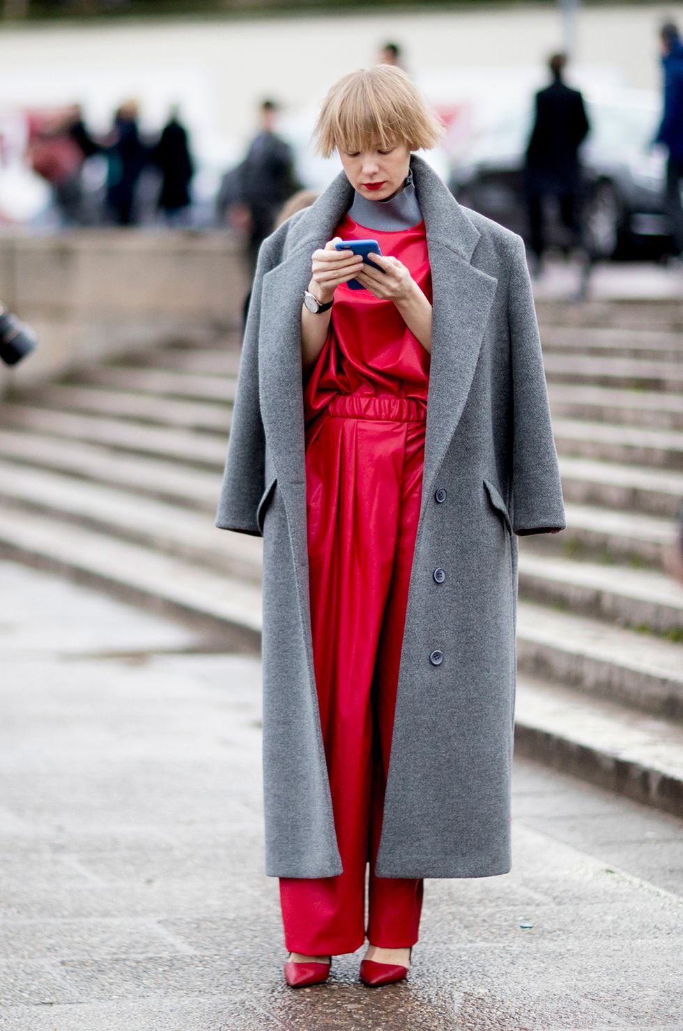 Clothing, Street fashion, Red, Outerwear, Fashion, Coat, Overcoat, Trench coat, Costume, Dress, 