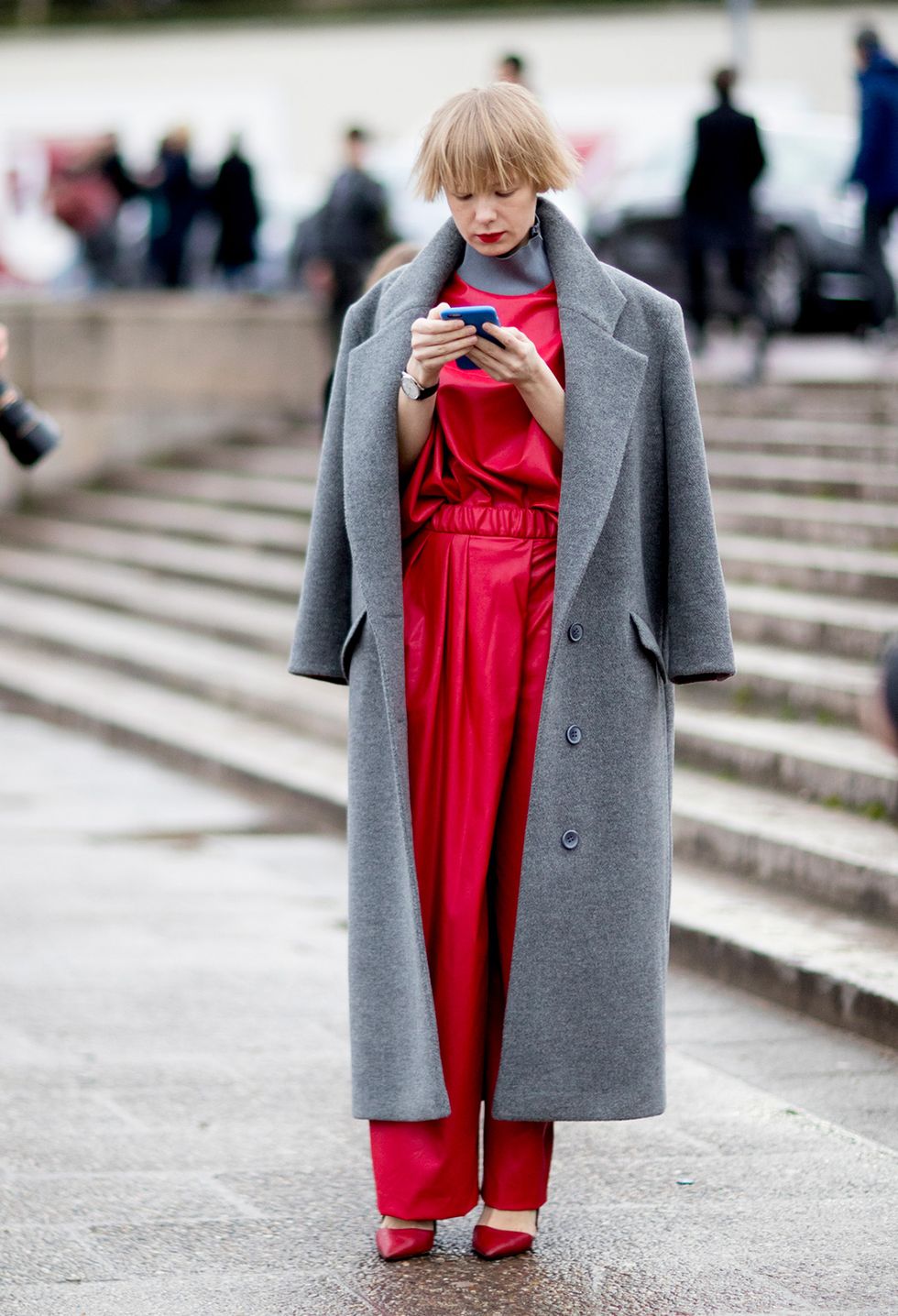 Clothing, Street fashion, Red, Outerwear, Fashion, Coat, Overcoat, Trench coat, Costume, Dress, 
