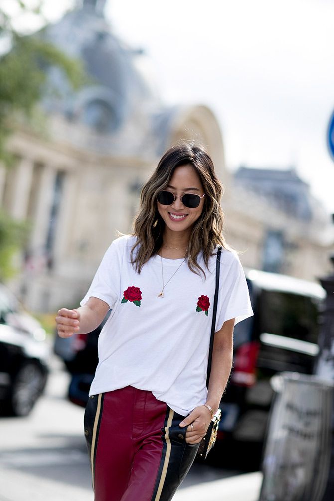 White, Street fashion, Clothing, Fashion, Red, Eyewear, Pink, Shoulder, Snapshot, T-shirt, 