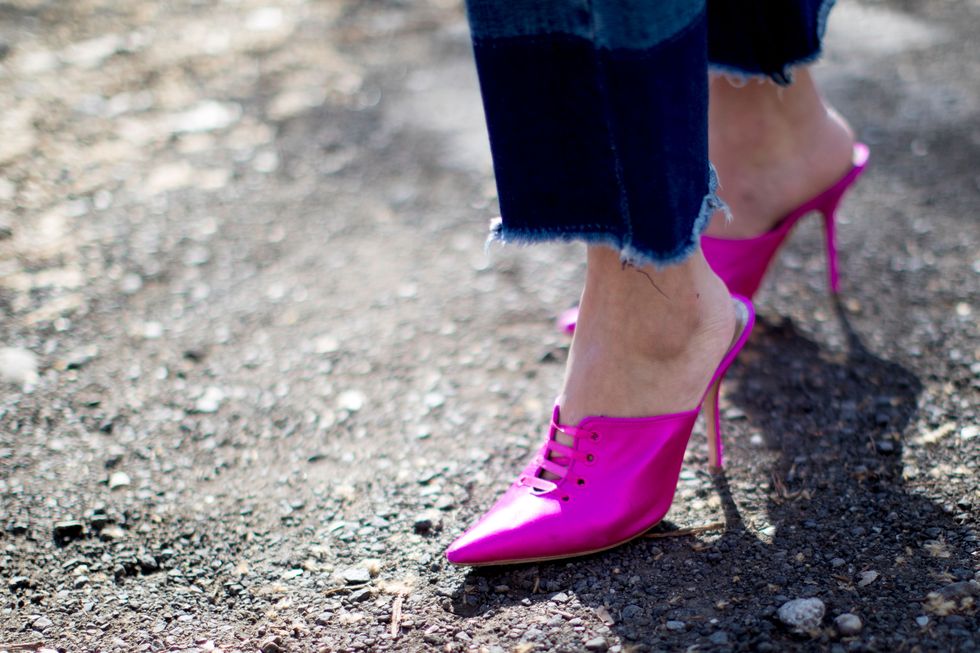 Blue, Shoe, Human leg, Joint, Pink, Purple, Style, Street fashion, Magenta, Fashion, 