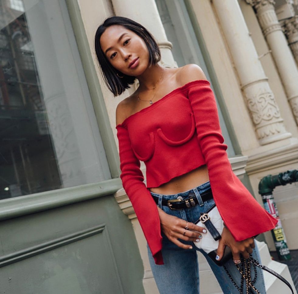 Clothing, Shoulder, Waist, Red, Street fashion, Joint, Beauty, Crop top, Fashion, Sleeve, 