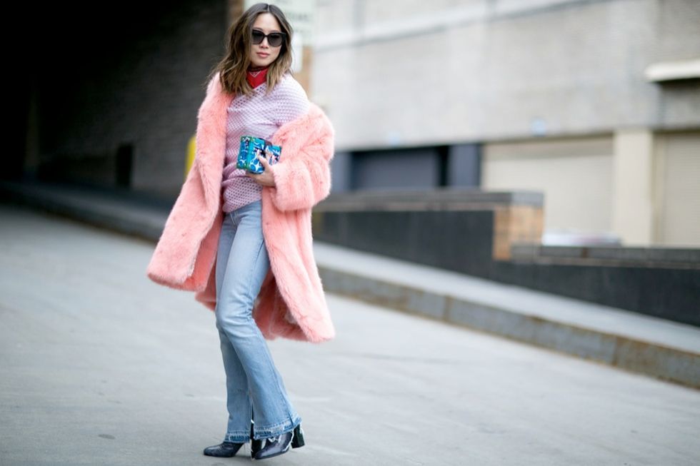 Clothing, Shoulder, Textile, Outerwear, Jeans, Sunglasses, Pink, Style, Street fashion, Magenta, 