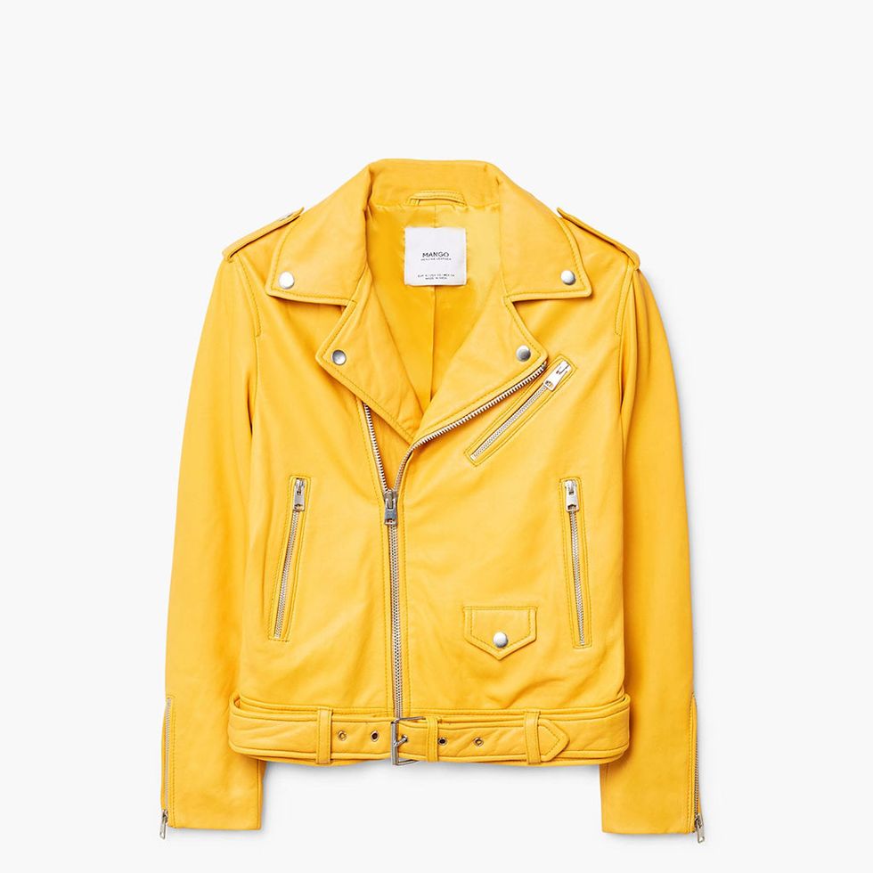 Clothing, Jacket, Yellow, Outerwear, Leather, Leather jacket, Sleeve, Orange, Textile, Top, 