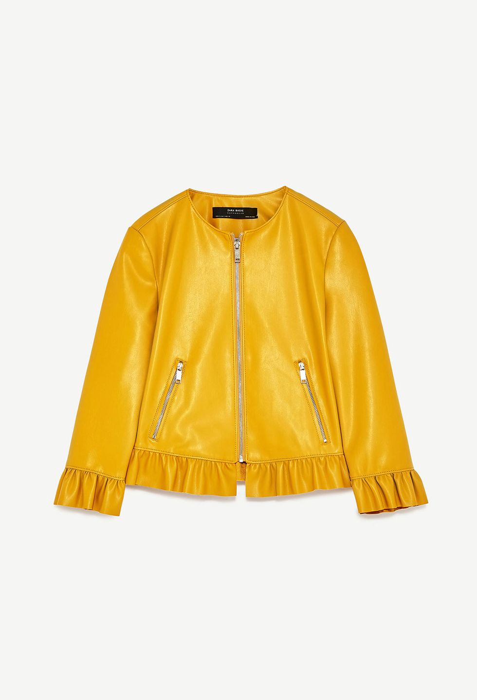 Clothing, Yellow, Outerwear, Jacket, Leather, Sleeve, Leather jacket, Textile, Top, Bolero jacket, 