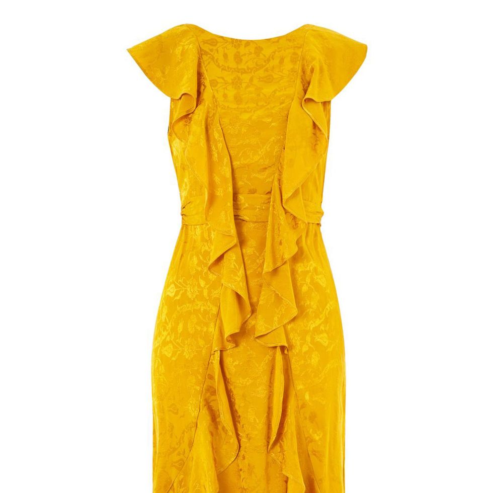 Clothing, Day dress, Yellow, Dress, One-piece garment, Cocktail dress, Ruffle, Sleeve, Cover-up, 