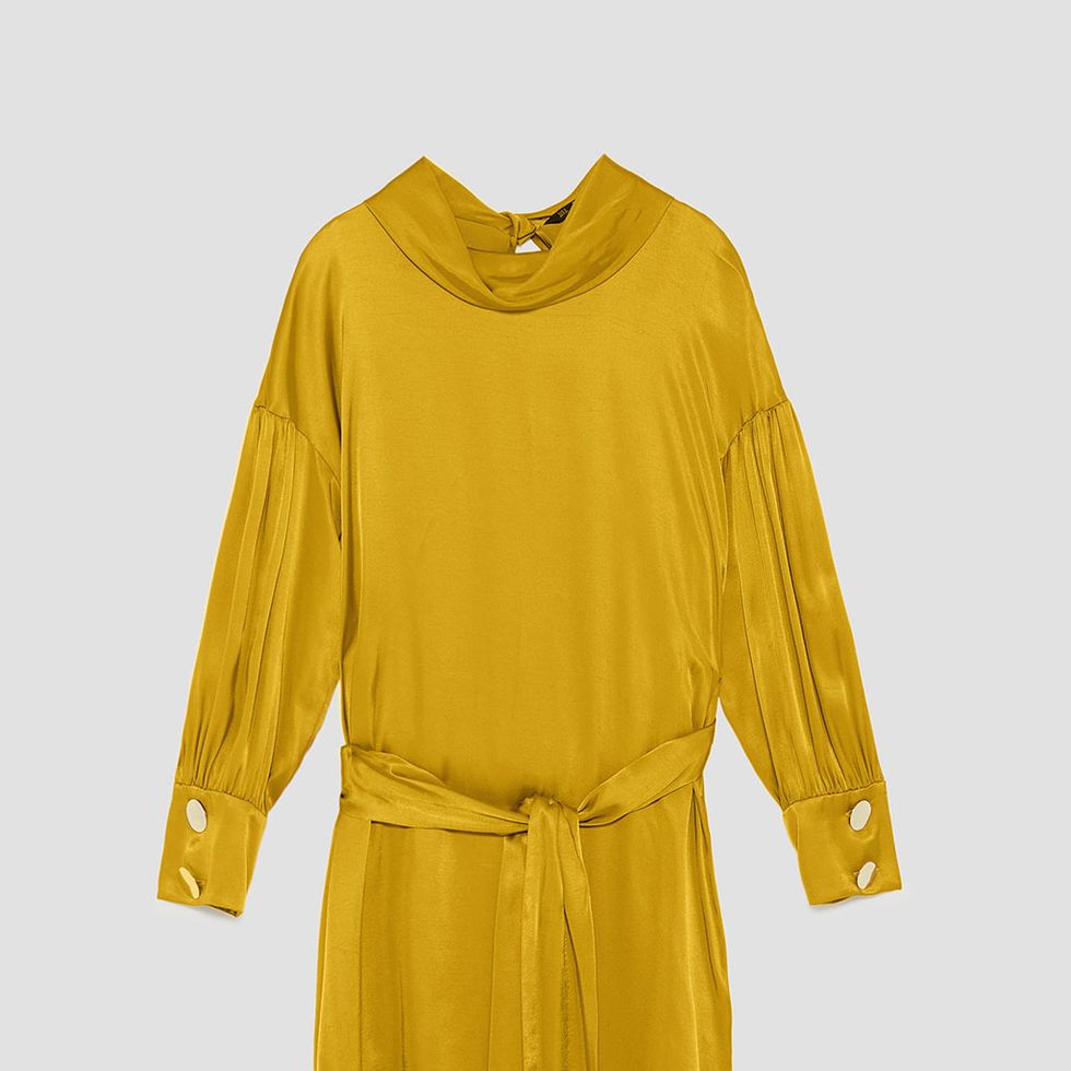 Clothing, Yellow, Sleeve, Day dress, Dress, Outerwear, Blouse, Robe, Neck, T-shirt, 