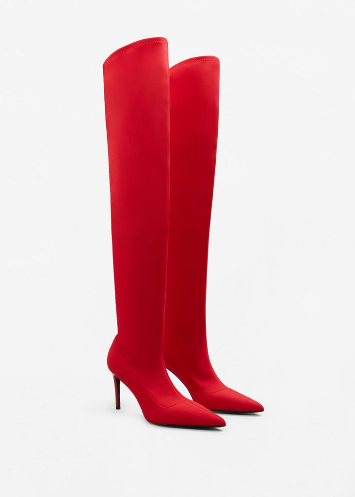 Footwear, Boot, Red, Knee-high boot, High heels, Shoe, Carmine, Riding boot, Rain boot, Costume accessory, 