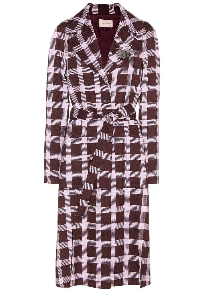 Clothing, Plaid, Outerwear, Robe, Coat, Dress, Pattern, Day dress, Sleeve, Trench coat, 