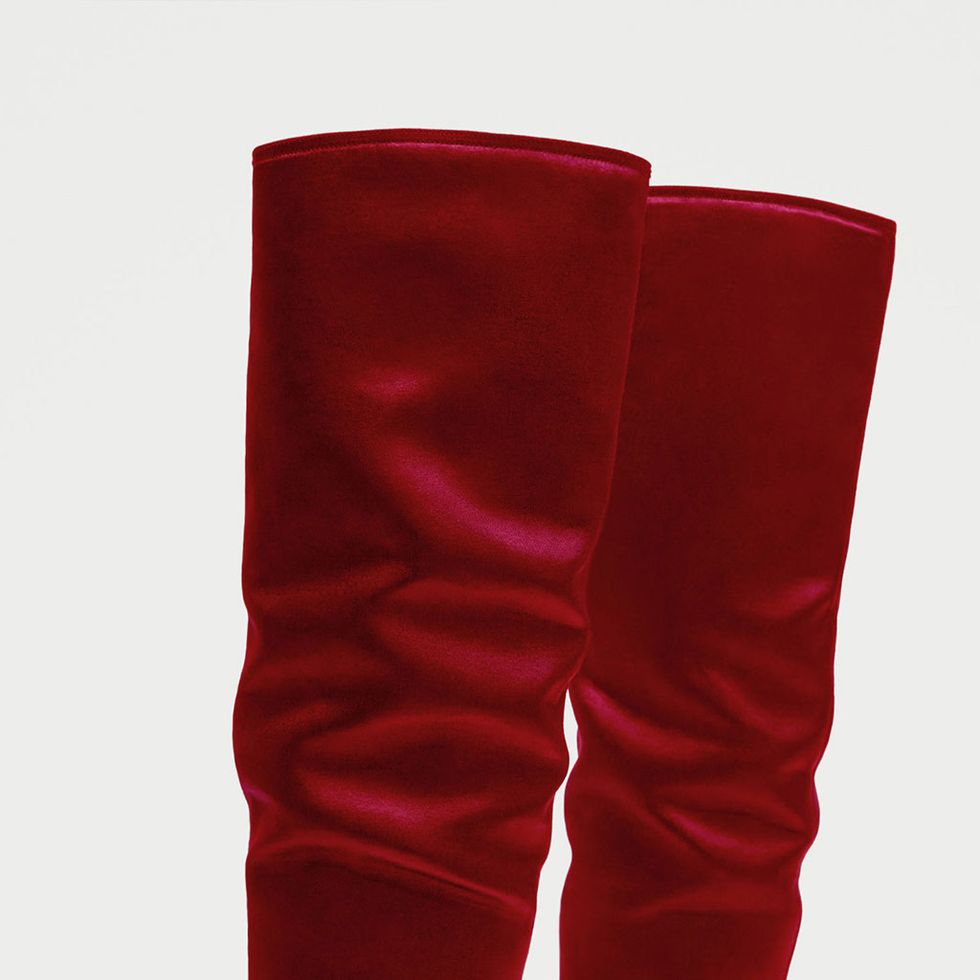 Footwear, Red, Boot, High heels, Knee-high boot, Shoe, Suede, Leg, Leather, Velvet, 