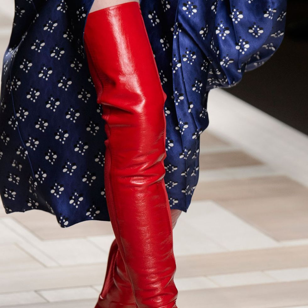 Red, Footwear, Leg, Thigh, Boot, Knee-high boot, High heels, Human leg, Joint, Fashion, 