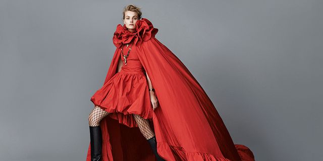 Red, Formal wear, Costume design, Costume, Fashion, Costume accessory, Gown, One-piece garment, Fashion design, Cape, 