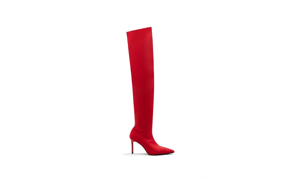 Footwear, Red, Knee-high boot, Shoe, Boot, High heels, Leg, Material property, Costume accessory, Knee, 