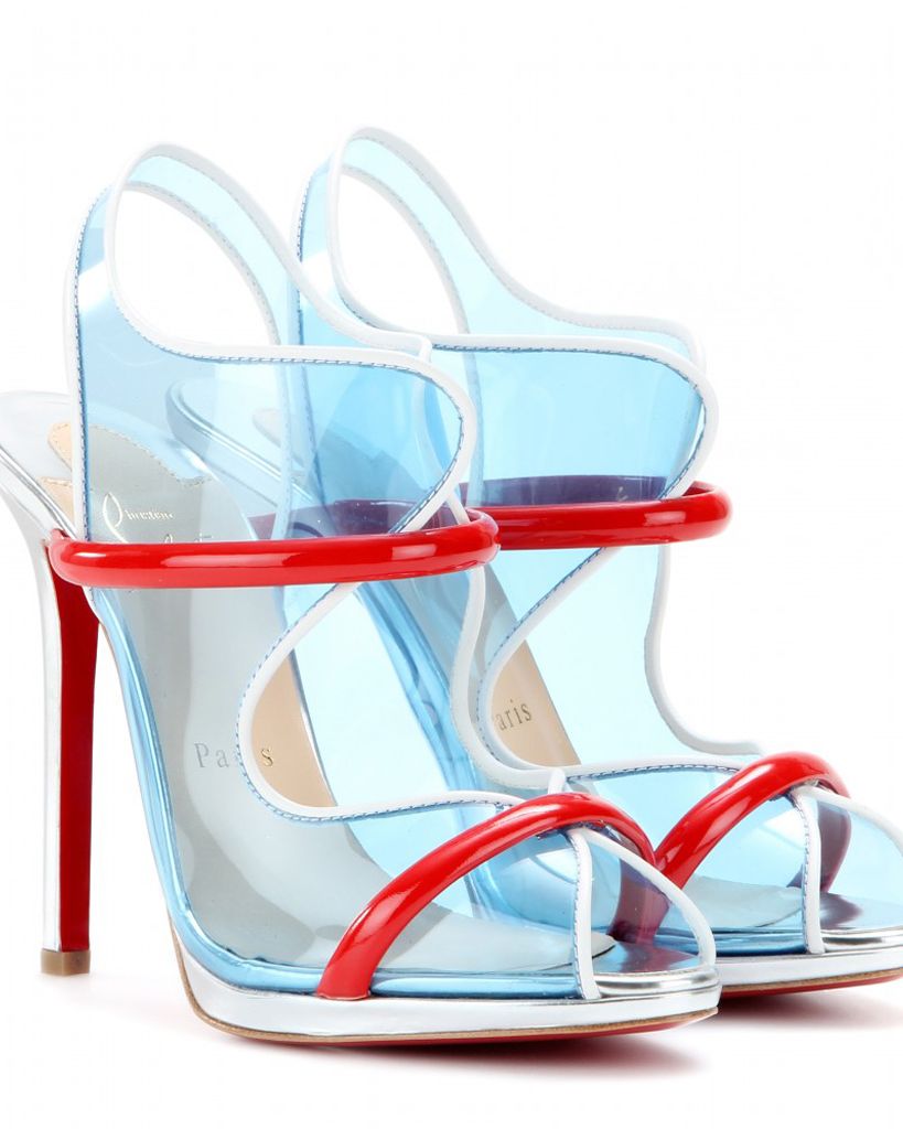 Red, Carmine, Sandal, Eye glass accessory, High heels, Slingback, Silver, Plastic, Bridal shoe, Transparent material, 