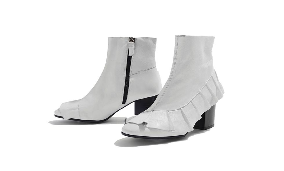 Footwear, White, Shoe, Boot, High heels, Leg, Joint, Beige, Leather, Knee-high boot, 
