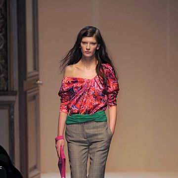 Clothing, Lip, Brown, Fashion show, Shoulder, Textile, Joint, Fashion model, Style, Waist, 