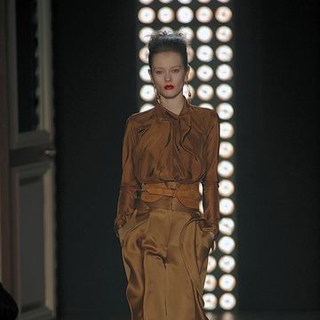 Brown, Fashion show, Runway, Style, Waist, Khaki, Fashion model, Door, Fashion, Beige, 