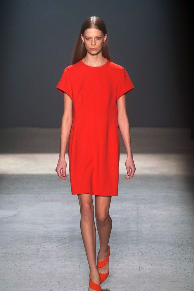 Clothing, Footwear, Sleeve, Human leg, Shoulder, Fashion show, Dress, Joint, Red, One-piece garment, 