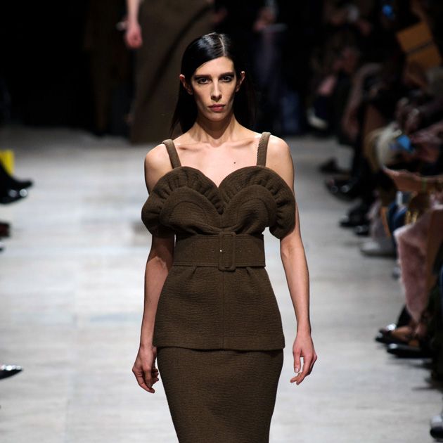 Clothing, Fashion show, Brown, Shoulder, Runway, Joint, Fashion model, Style, Waist, Dress, 