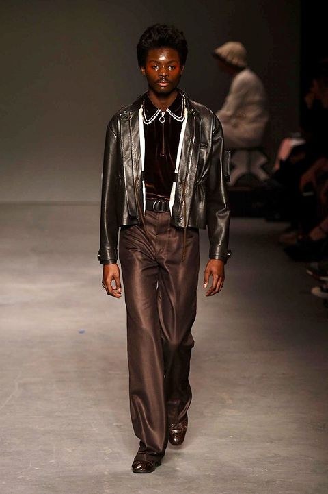Brown, Trousers, Textile, Jacket, Outerwear, Jewellery, Collar, Style, Fashion show, Leather, 