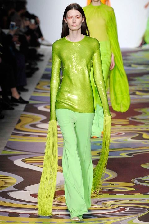 Green, Yellow, Shoulder, Textile, Joint, Style, Waist, Fashion model, Fashion, Costume design, 