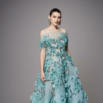 Clothing, Blue, Green, Dress, Sleeve, Shoulder, Textile, Photograph, Gown, Formal wear, 