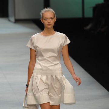 Clothing, Human leg, Shoulder, Joint, White, Fashion show, Style, Dress, Fashion model, Beauty, 