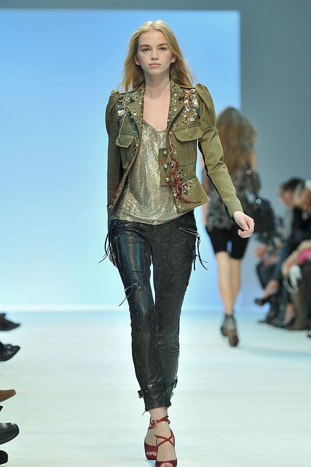 Clothing, Brown, Trousers, Shoulder, Denim, Jeans, Joint, Outerwear, Fashion model, Fashion show, 