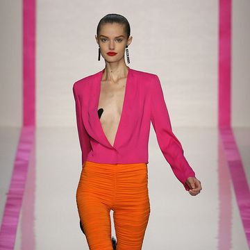 Clothing, Sleeve, Human body, Fashion show, Shoulder, Joint, Outerwear, Magenta, Red, Pink, 
