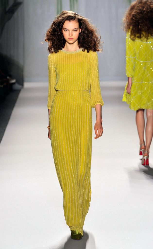 Clothing, Yellow, Shoulder, Fashion show, Joint, Fashion model, Style, Waist, Runway, One-piece garment, 