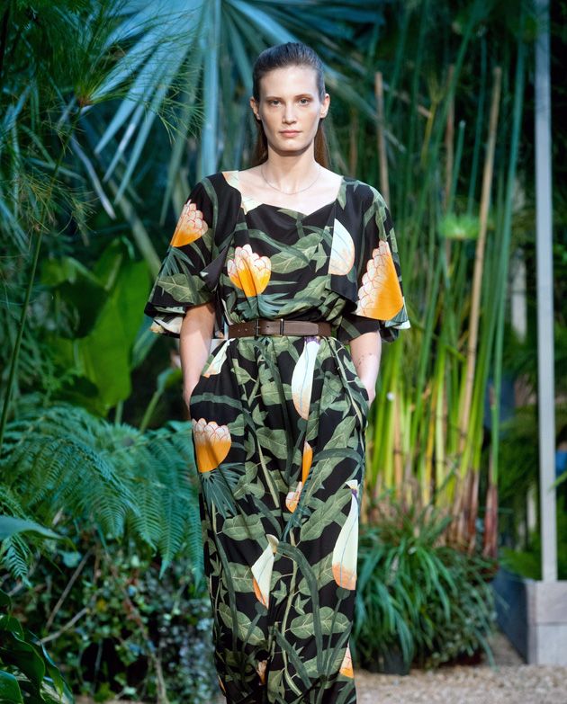 Camouflage, Fashion model, Street fashion, Day dress, Military camouflage, Model, Fashion design, Haute couture, Silk, One-piece garment, 