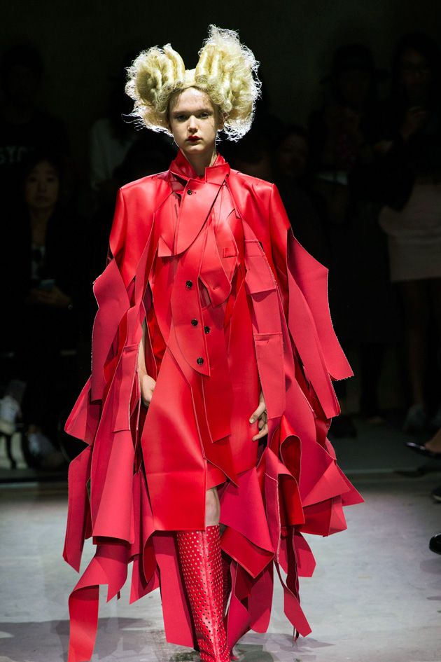 Fashion show, Outerwear, Red, Runway, Costume design, Fashion model, Fashion, Lipstick, Model, Fashion design, 